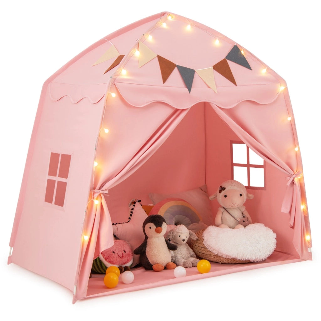 Tenda da gioco per bambini portatile e lavabile in lavatrice, Tenda da letto con bandiere e luci a globo Rosa