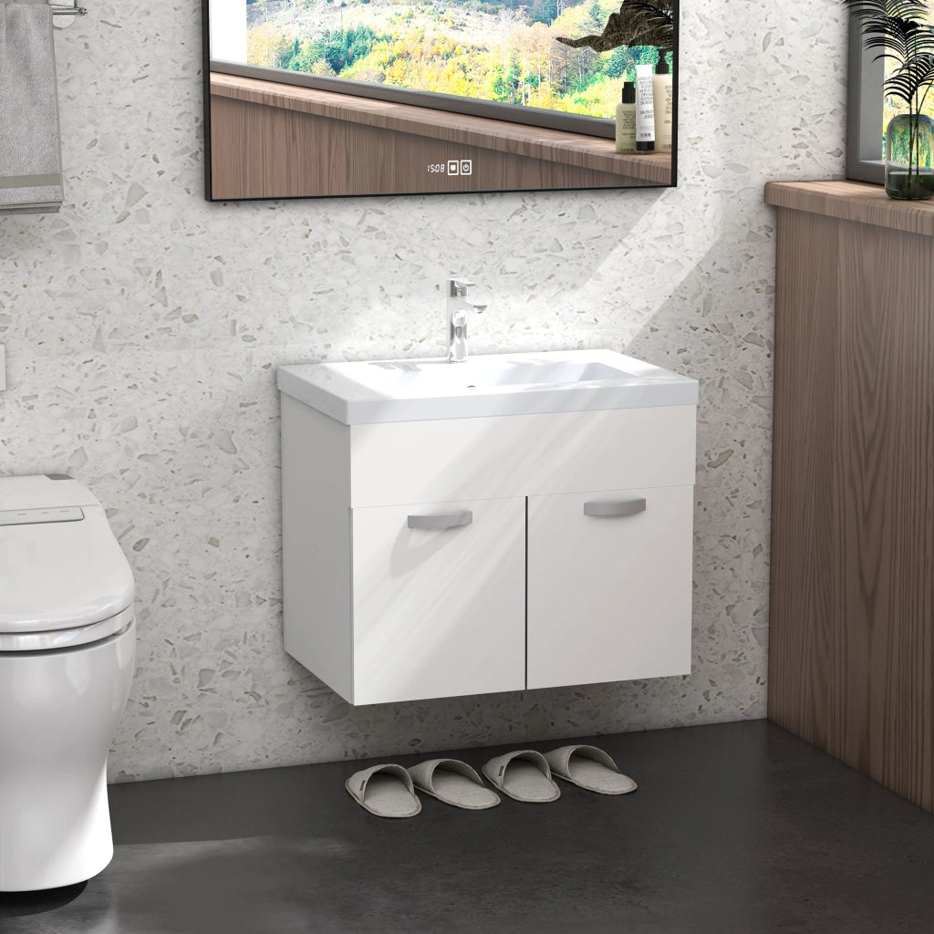 Mobile Bagno Sospeso con Lavabo e Armadietto ¨C Zephmum ¨C Bianco Lucido 61x40x50cm