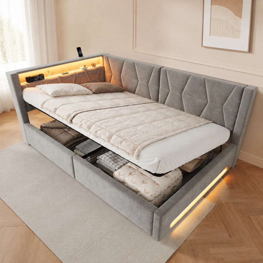 Letto Contenitore 140 x 200 cm; Letto Matrimoniale - USB e LED - Velluto - Grigio Scuro