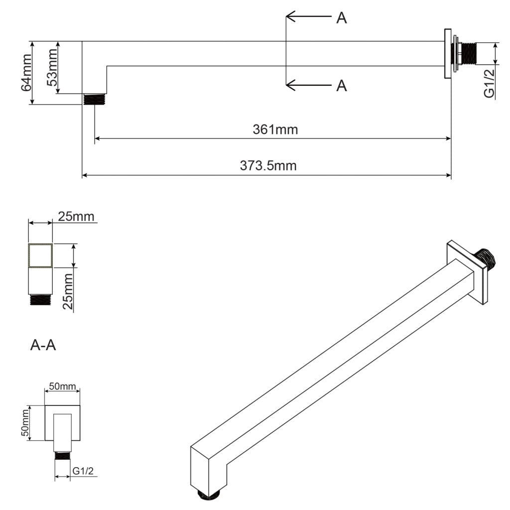 Braccio doccia in ottone a muro lungo 35 cm mod. Theta