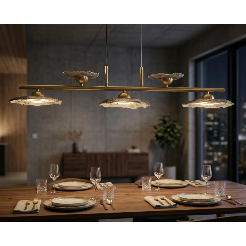 Lampadario lineare Emily a 5 luci in ferro dorato e vetro grigio