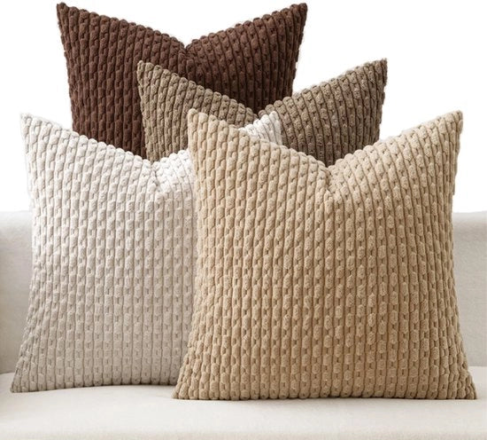 Set di 4 Copricuscini 45x45 cm - Copricuscini Decorativi in Corduroy - con Cinturino - Senza Cuscino Interno - Boho - Copricuscini a Quadretti a Strisce - per Divano, Camera da Letto, Auto, Decorazione