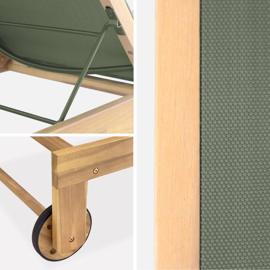 Set 2 lettini prendisole in legno multiposizione con ruote, verde kaki