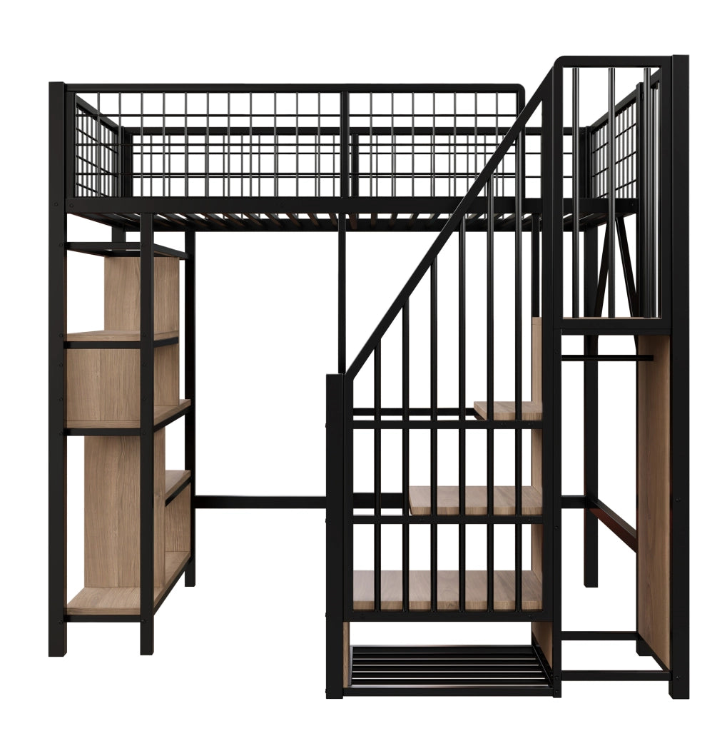 Letto a soppalco 90x200 cm con scala contenitore; struttura in metallo e legno; nero