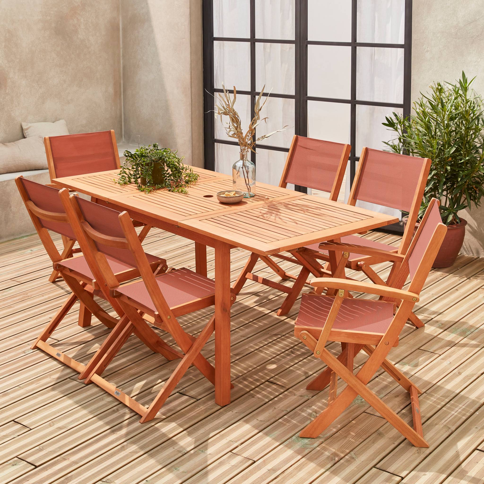 Set tavolo da giardino rettangolare allungabile in legno, 6 posti,