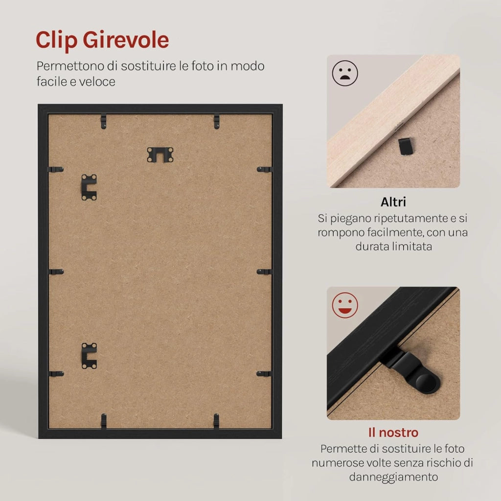 Set di 10 Cornici 50x70 cm con Passepartout, Portafoto in Orizzontale o Verticale, da Parete o Tavolo, in Legno MDF, Nero