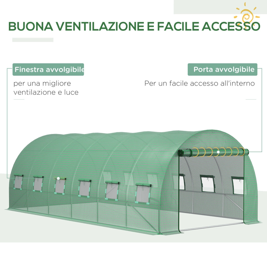Telo per Serra in PE con 12 Finestre. Porta Avvolgibile e Bordi Interrati. 6x3x2 m. Verde