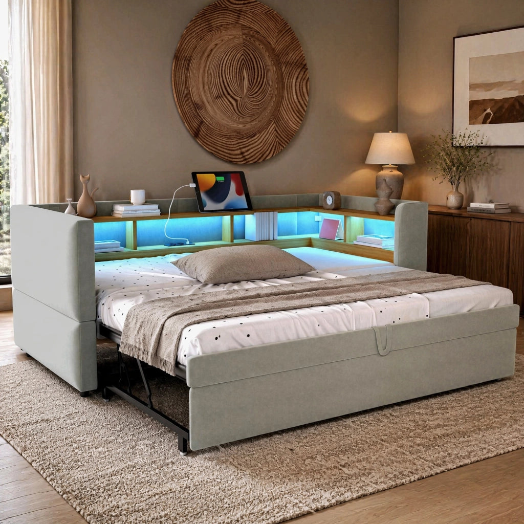 Divano letto 90/180x190 cm con LED; prese e vani contenitore; in flanella grigio chiaro
