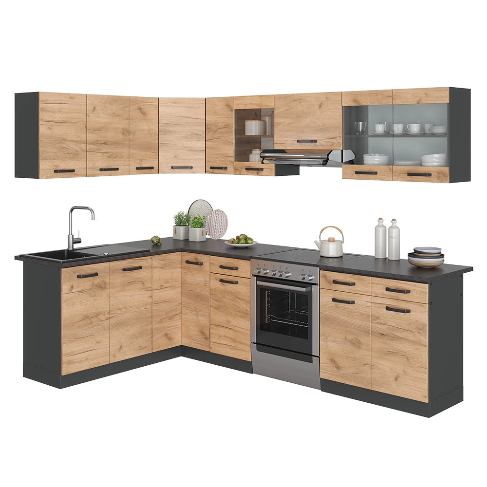 Vicco Cucina ad angolo Antracite/quercia dorata 267 x 167 cm , PL Fantasia nera con striscia LED