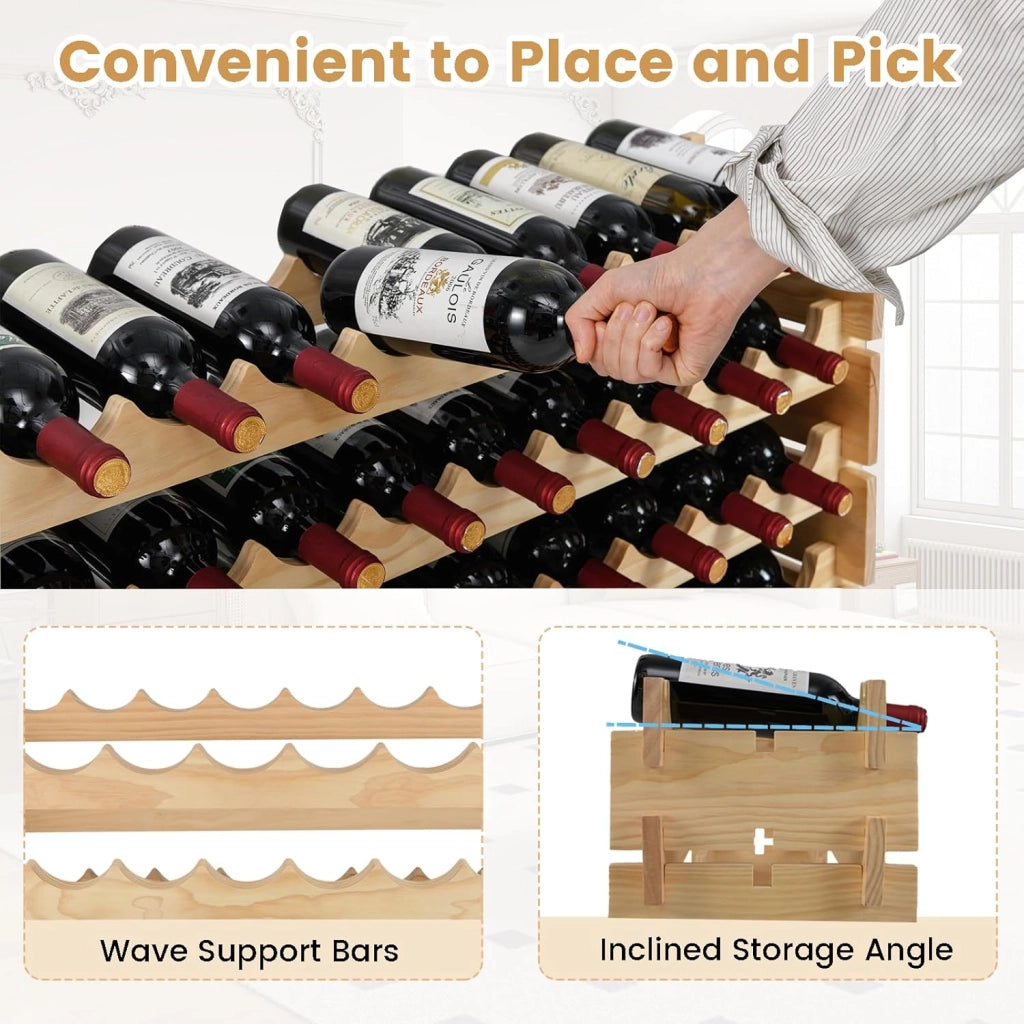 Portabottiglie in legno impilabile, scaffale per bottiglie per 72 bottiglie, portabottiglie con 6 livelli, supporto per bottiglie modulare per cucina e bar, scaffale in legno 120 x 29 x 79 cm