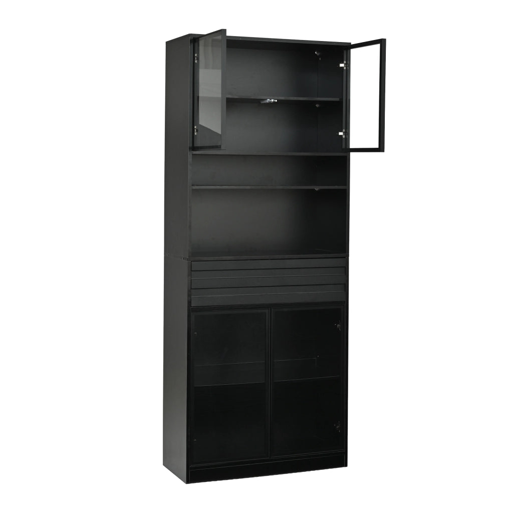 Vetrina, libreria, 80 x 35 x 200 cm, 4 ante in vetro, con cassetti, illuminazione a LED, nera