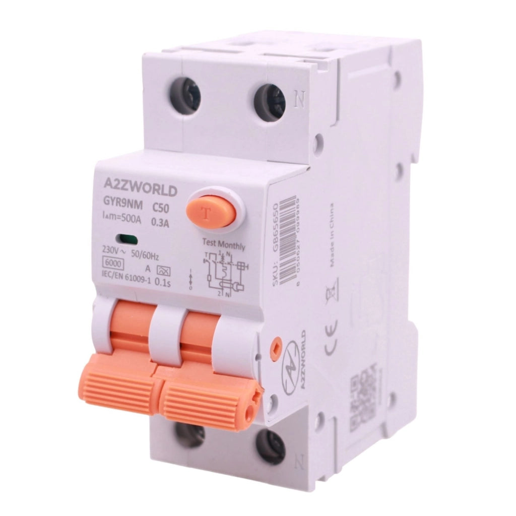 RCBO Doppia Leva, Interruttore Magnetotermico Differenziale Tipo A Curva C 1P+N 2M 6000A 300mA AC 230V IP20 IEC61009-1 GYR9NM, Disponibili 40A 50A 63A (C50A)