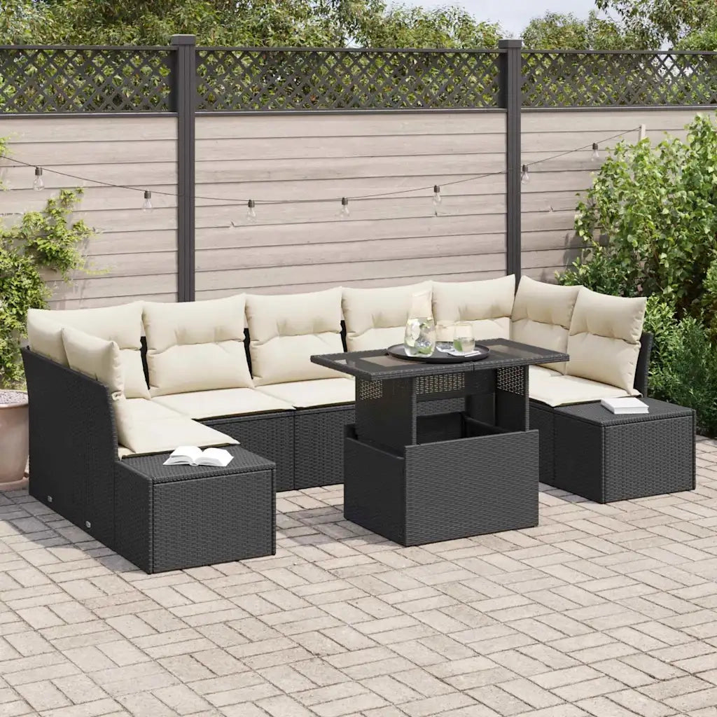 Set Divano da Giardino con cuscino 8 pcs Nero e Crema