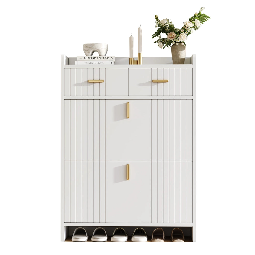 Scarpiera con 2 ante a ribalta, 1 cassetto e vano aperto, per ingresso, in truciolare, bianco, 75 × 24 × 108,5 cm