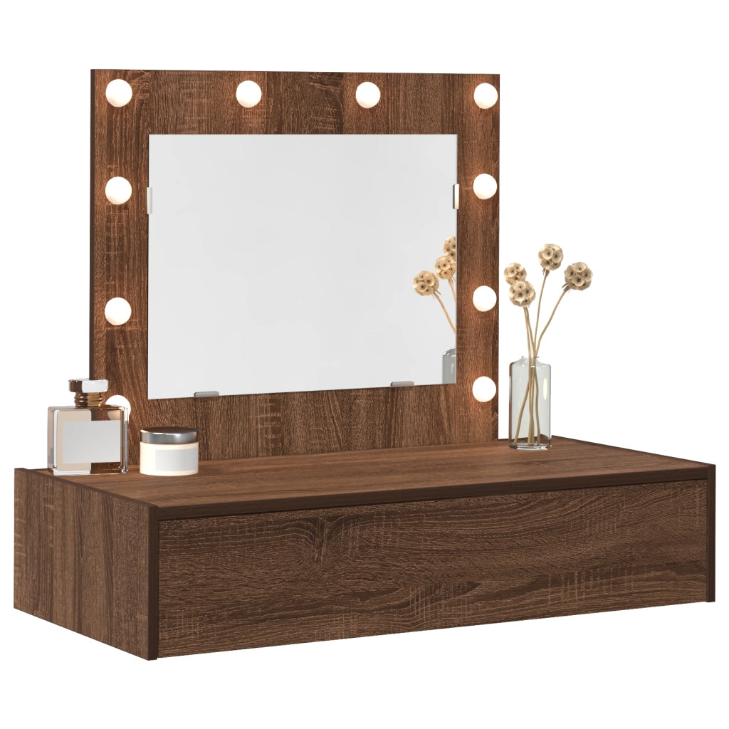 Tavolo da toeletta a parete con luci LED Rovere marrone