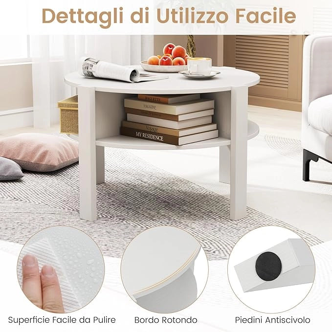 Tavolino da Caffè Rotondo con Ripiano Diviso a 4, Tavolino Basso in Legno Moderno, Tavolo per Salotto, Soggiorno e Cameretta, 74,5 x 74,5 x 45,5 cm, Bianco (Bianco)