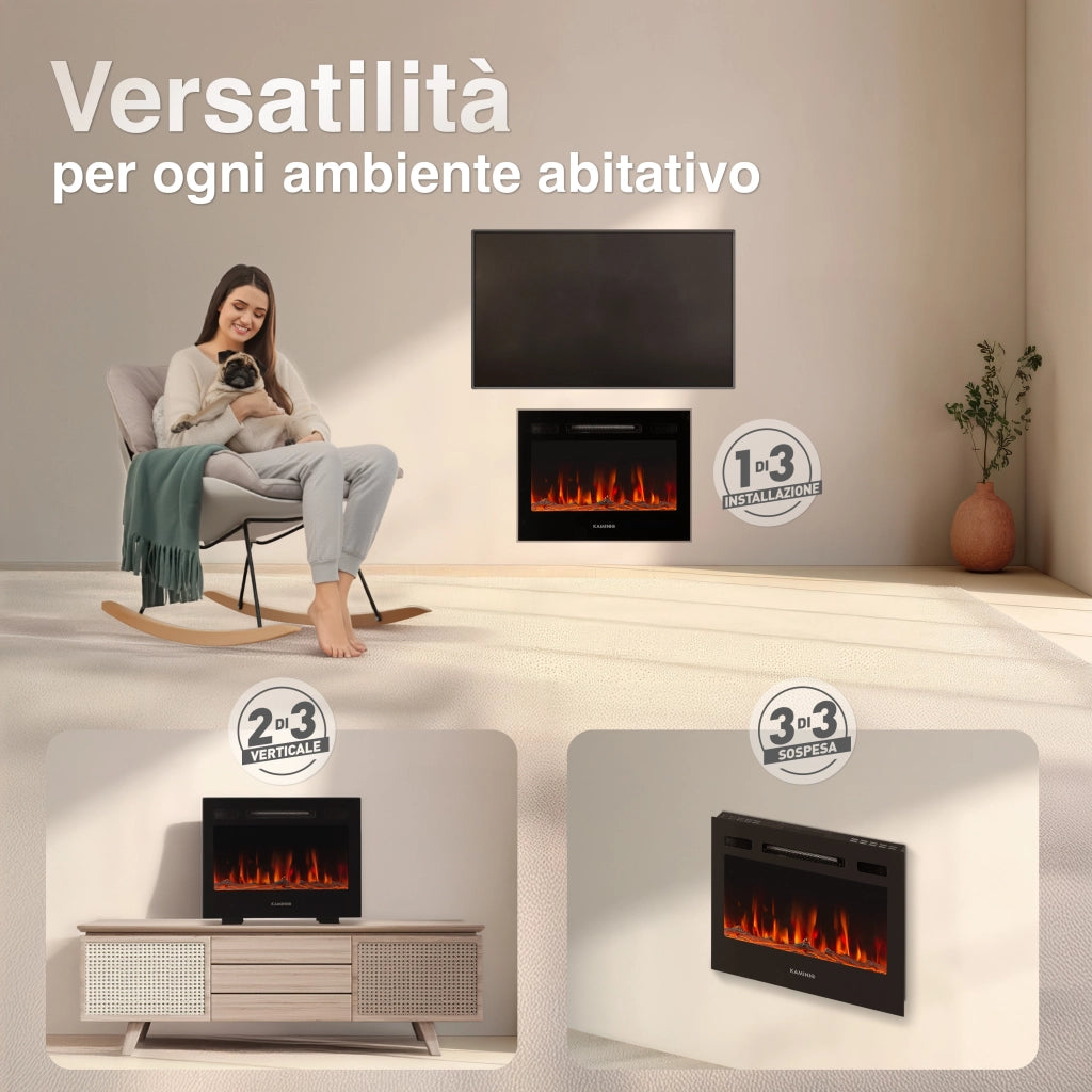 KAMINIO Camino elettrico MARLON - Camino elettrico 3 in 1 con riscaldatore, effetto fiamma 3D, 12 colori di fiamma, telecomando - 24 pollici