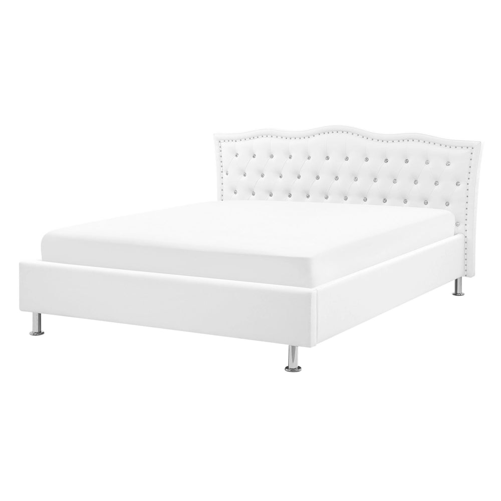 Letto matrimoniale in ecopelle bianca 140 cm 6 struttura imbottita con bottoncini in cristallo con finiture imbottite