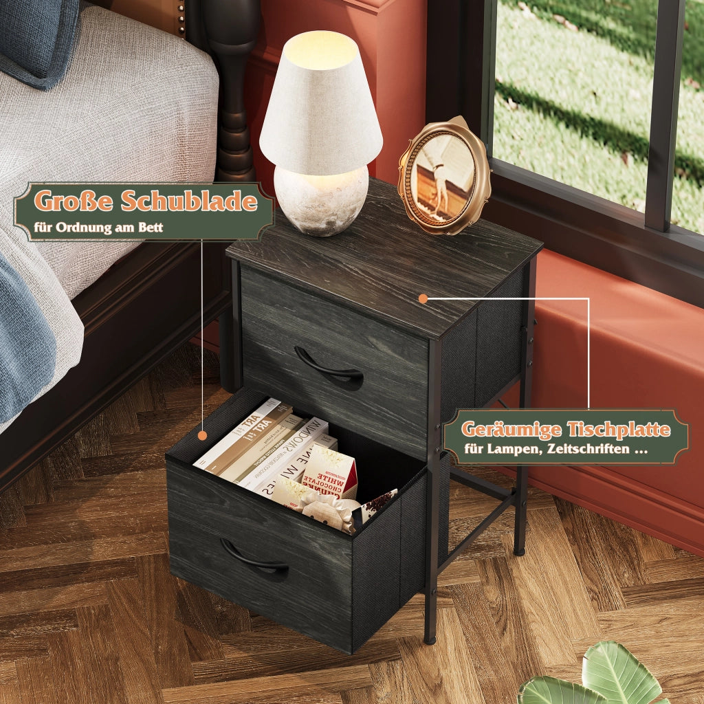 Comodino con 2 cassetti in tessuto ¨C zephmum ¨C Nero, Metallo