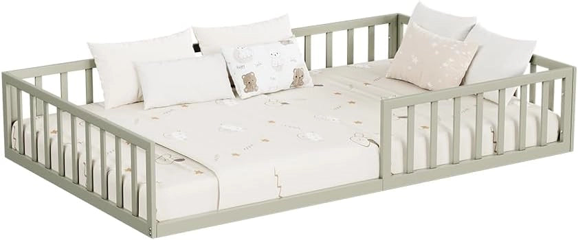 Letto a pavimento Minno 120x200, letto bambini in metallo, letto Montessori con protezione anticaduta, bassa altezza d’ingresso, greige