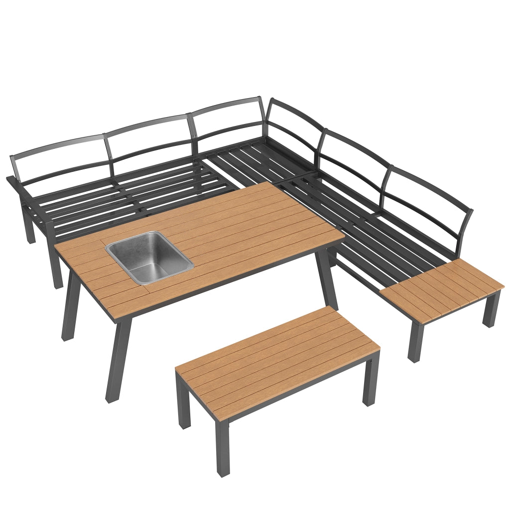 Set salotto giardino 6-7 persone: sedute + set pranzo; ferro zincato; tavolo secchiello ghiaccio; resistente