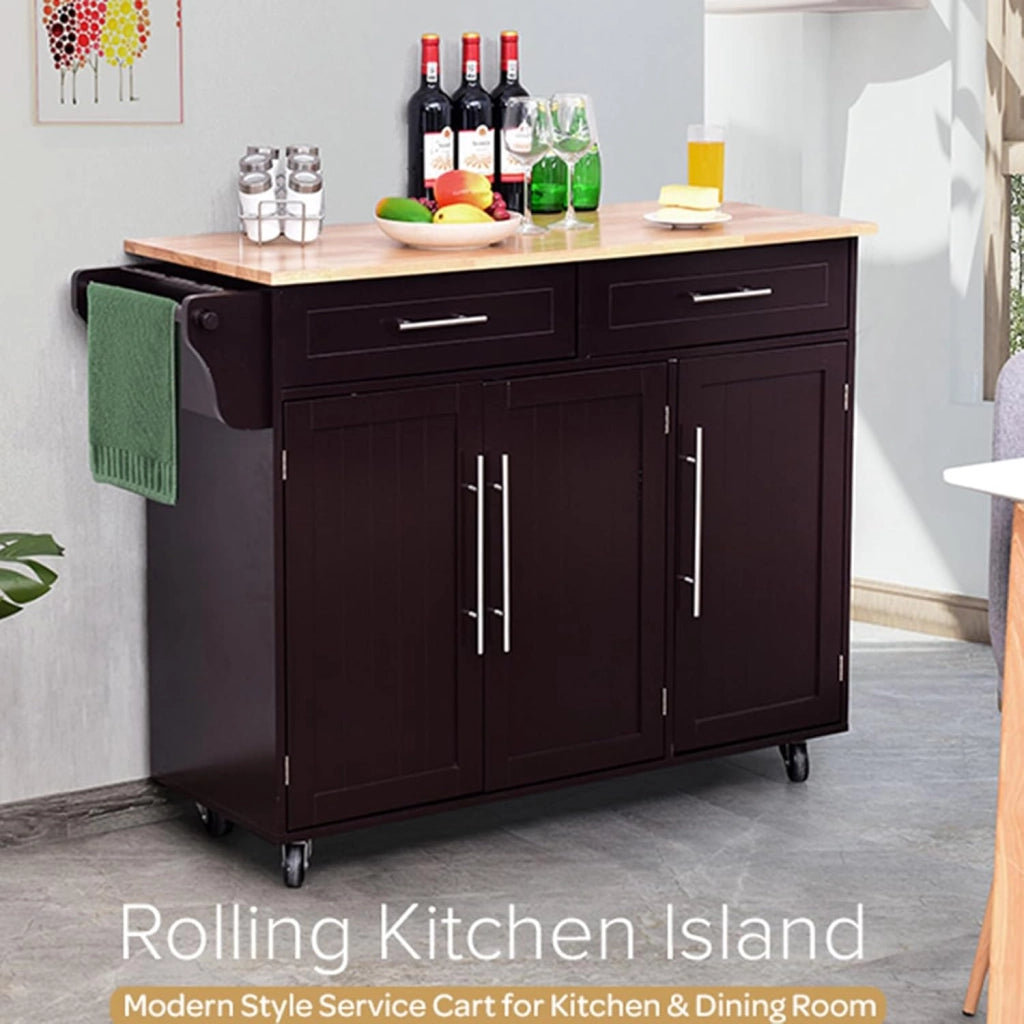 Carrello Portaoggetti con Ruote con 2 Freni, Isola Cucina in Rovere Massiccio, Mobiletto da Pranzo con Portaspezie e Portasciugamani, per Soggiorno, 111,5 x 46 x 93 cm, In 2 Pacchi (Marrone)