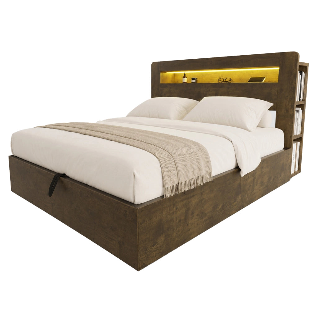 Letto matrimoniale contenitore con sollevamento idraulico; LED e prese integrate; 180x200 cm; legno vintage
