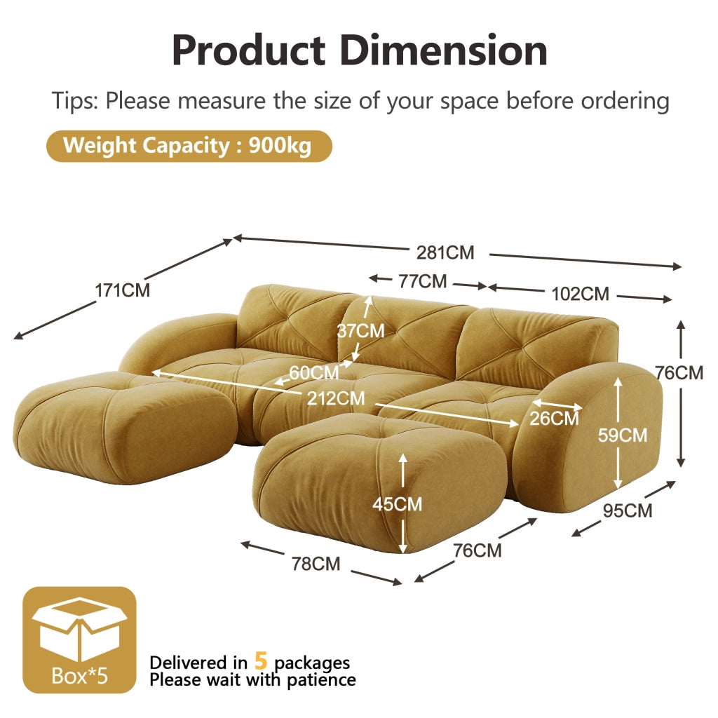 Divano modulare a U senza montaggio con 2 pouf in chenille gialla per soggiorno e relax 281 × 171 × 76 cm