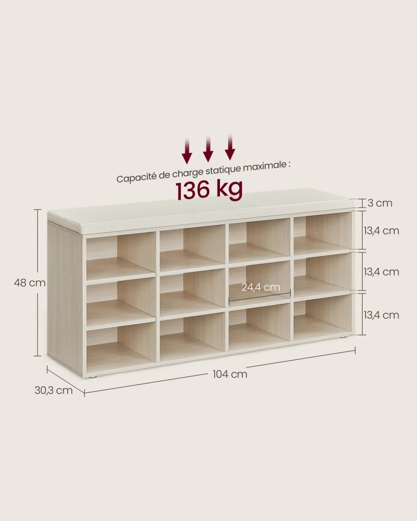 Panca portascarpe 303 x 785 x 48 cm mobile da ingresso con seduta scarpiera con cuscino e 9 ripiani regolabili per corridoio soggiorno beige 12_0004100