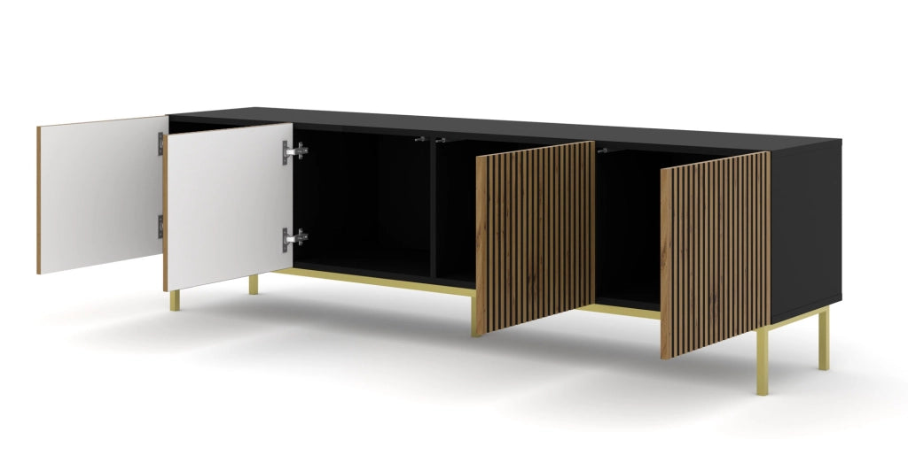 MOBILE RAVENNA F PORTA TV IN MDF VERNICIATO 4D 200 NERO OPACO ROVERE ARTIGIANALE STRUTTURA ORO