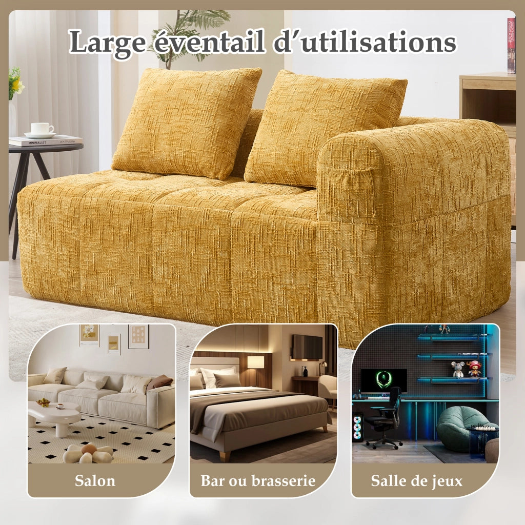 OKWISH Divano 2 Posti, Seduta Morbida con Tasche Laterali e Cuscino Incluso, Stile Chaise Longue, Ciniglia, Giallo