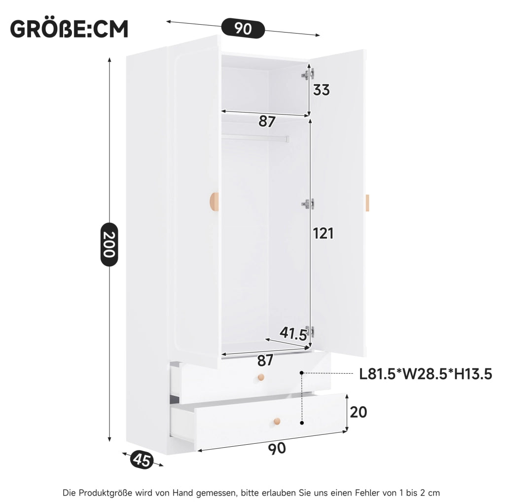Armadio guardaroba 2 ante con 2 cassetti e appendiabiti 90x45x200 cm bianco
