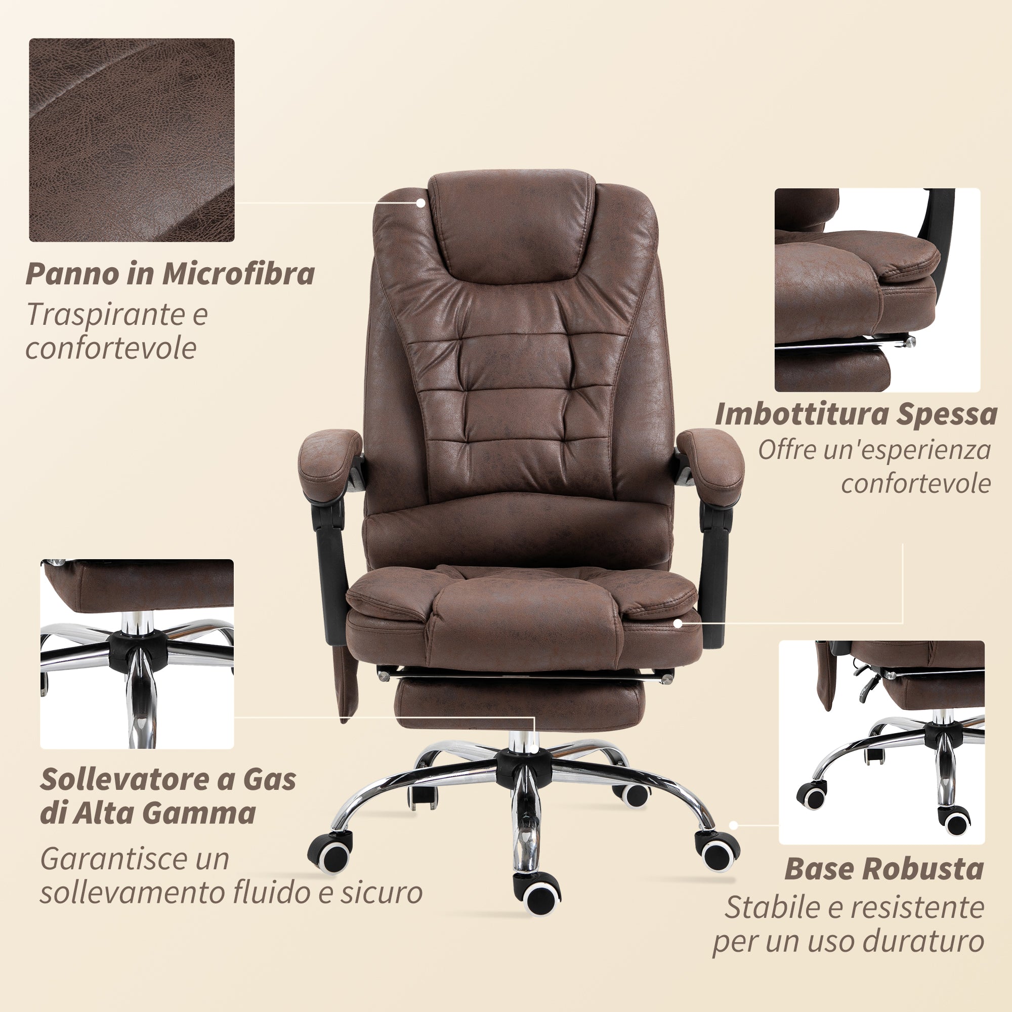 Poltrona da Ufficio 65x70x111-119 cm con Telecomando e 6 Punti di Massaggio in Microfibra Marrone