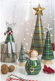 Albero di Natale in ceramica su base di legno - Tartan verde a più colori (medium)