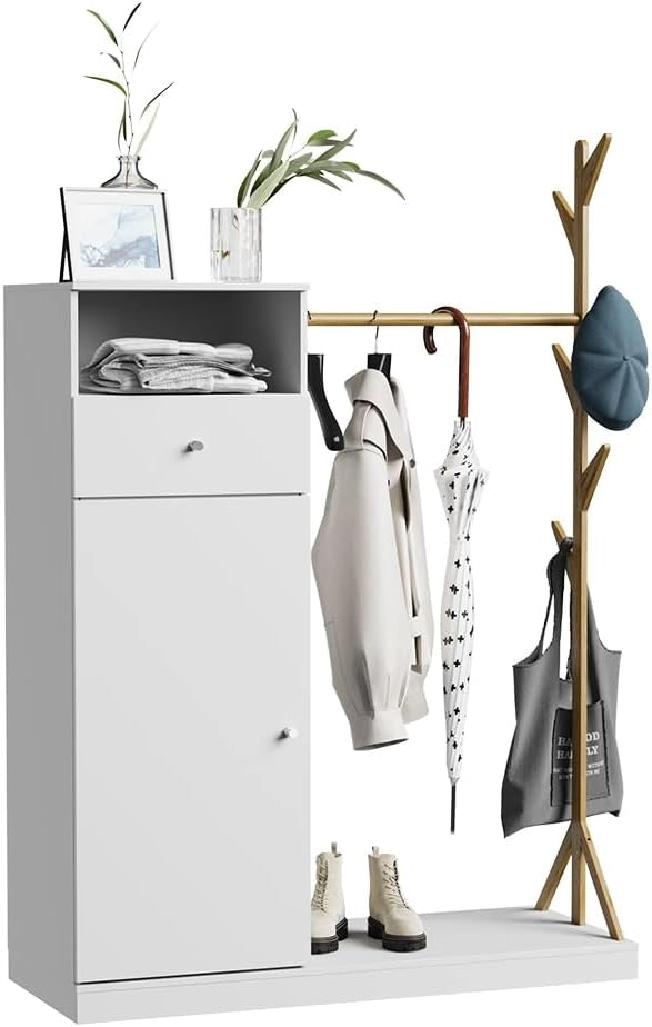 Armadio Liria, Bianco/bambù, 100 x 145 cm con cassetto, con ripiano per scarpe e ganci appendiabiti aperti