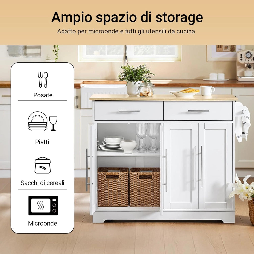Isola Cucina con Ruote, Tavolo Estensibile in Legno, Mobile Cucina con 2 Cassetti, Penisola Cucina Salvaspazio, Credenza Multifunzione per Piccole Cucine Bianco 113 x (44–69) x 91 cm FKW129-WN