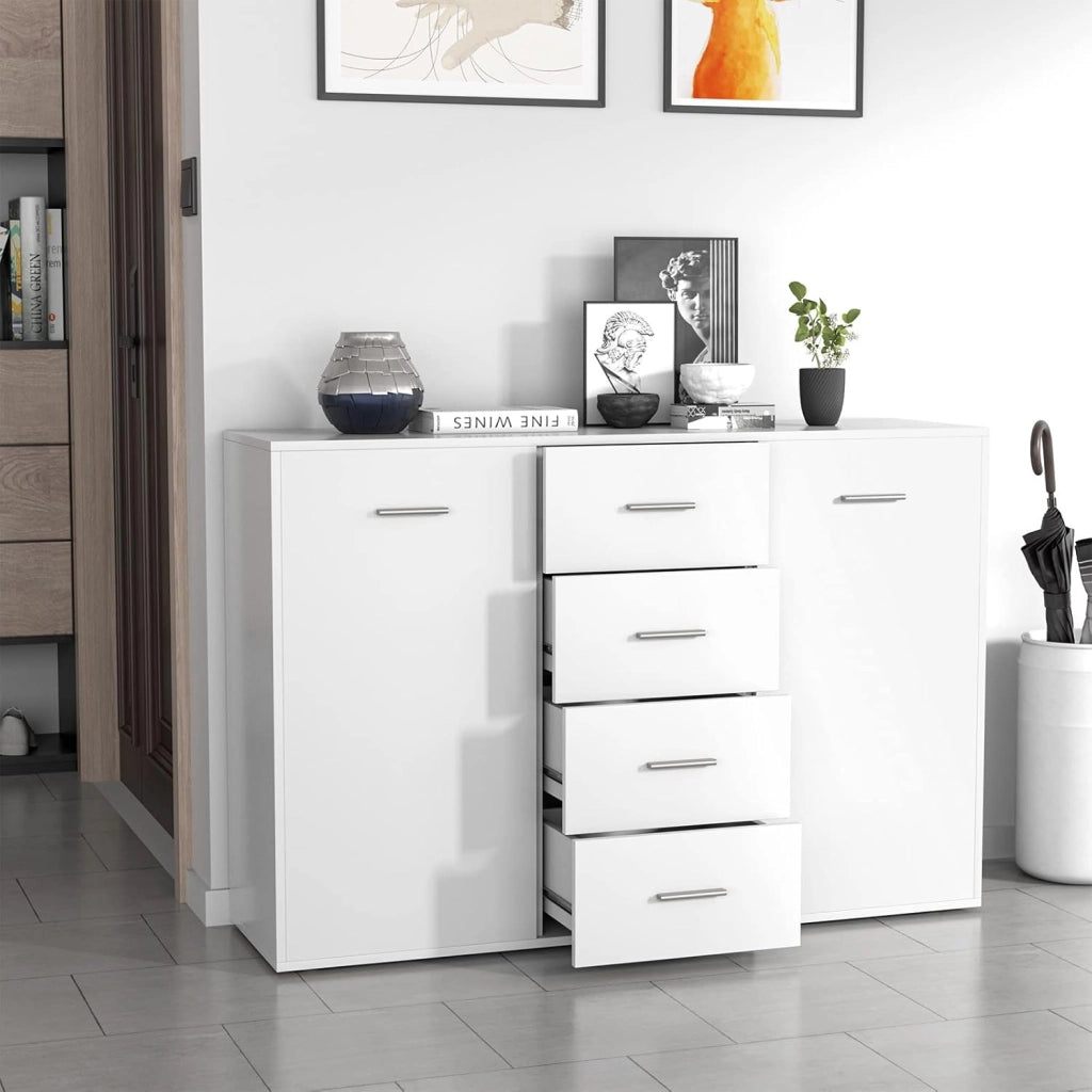 Armadio di Legno con 4 Cassetti e 2 Ante, Credenza Cassettiera di Stoccaggio con Ripiani Regolabili, Mobile Comò per Salone Camera da Letto Ingresso,123 x 34,5 x 82 cm (Bianco)