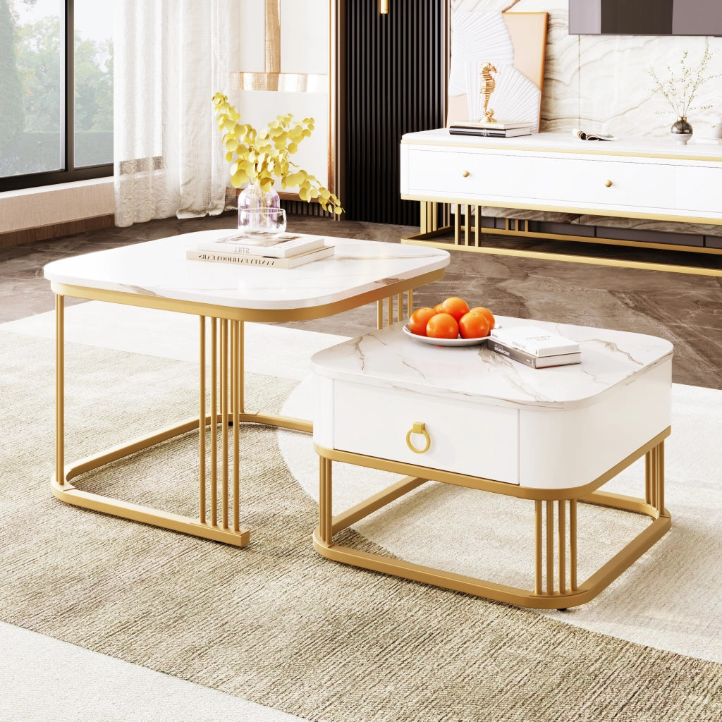 Tavolini da Caffè Nidificabili con 1 Cassetto; Effetto Marmo Lucido; Struttura in Metallo Dorato; Stile Moderno; in MDF; Bianco; 60×60×45+50×50×34 cm