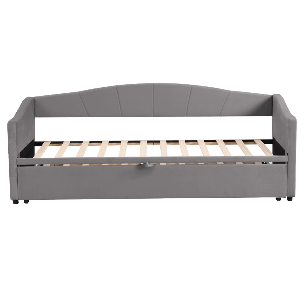 Letto estraibile in velluto - Zephmum-90x200 cm-Grigio-Struttura in doghe