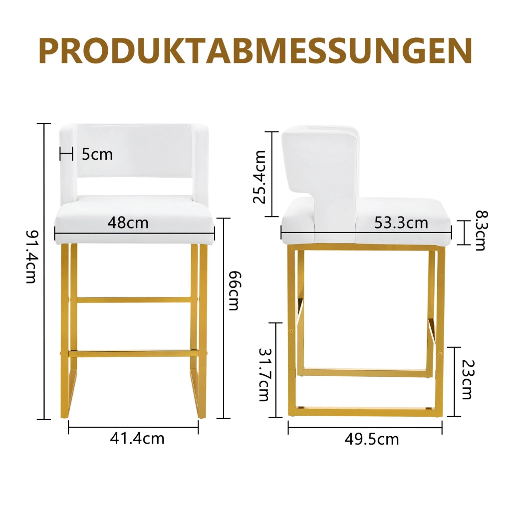 Sgabello da bar set da 2 con seduta imbottita quadrata e gambe in metallo dorato, in PU bianco 91,4 cm