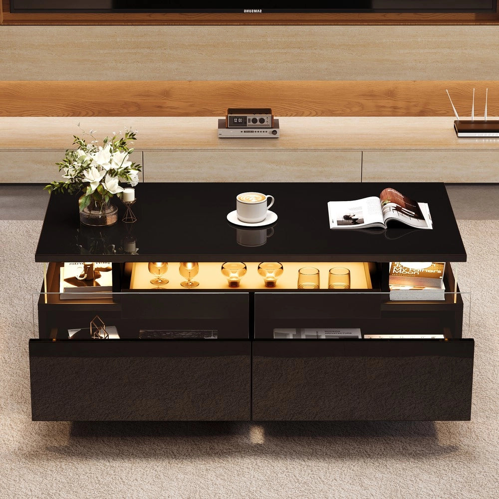 Tavolino da Caff¨¨ con LED e Cassetti ¨C MINIMAL ¨C Vetro Temperato, Nero, 90x45x35.5 cm