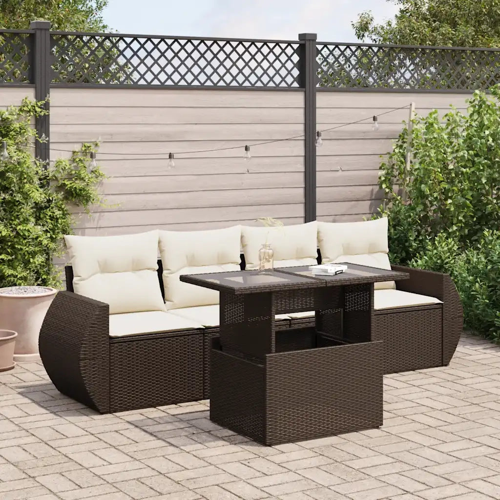 Set Divano da Giardino 5 pz con Cuscini Marrone in Polyrattan