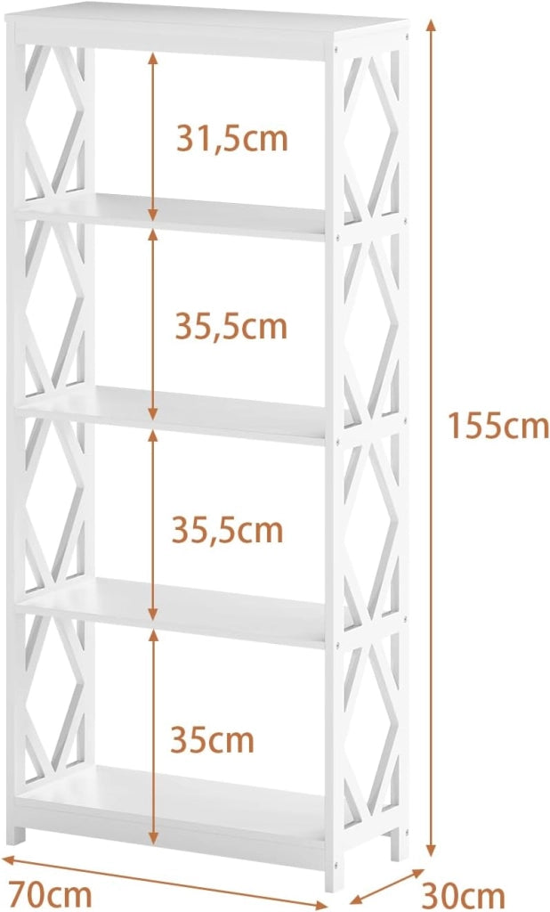 Libreria Scaffale con 4 ripiani aperti, Mensola da cucina con protezione antiribaltamento, moderna mensola per ufficio, soggiorno, camera da letto, studio, 70 x 30 x 155 cm, bianco