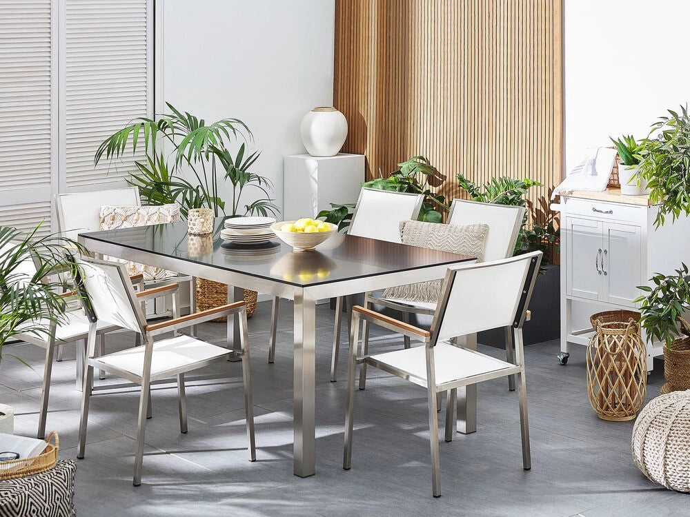 Set da pranzo da giardino bianco con piano in granito Nero 6 posti 180 x 90 cm