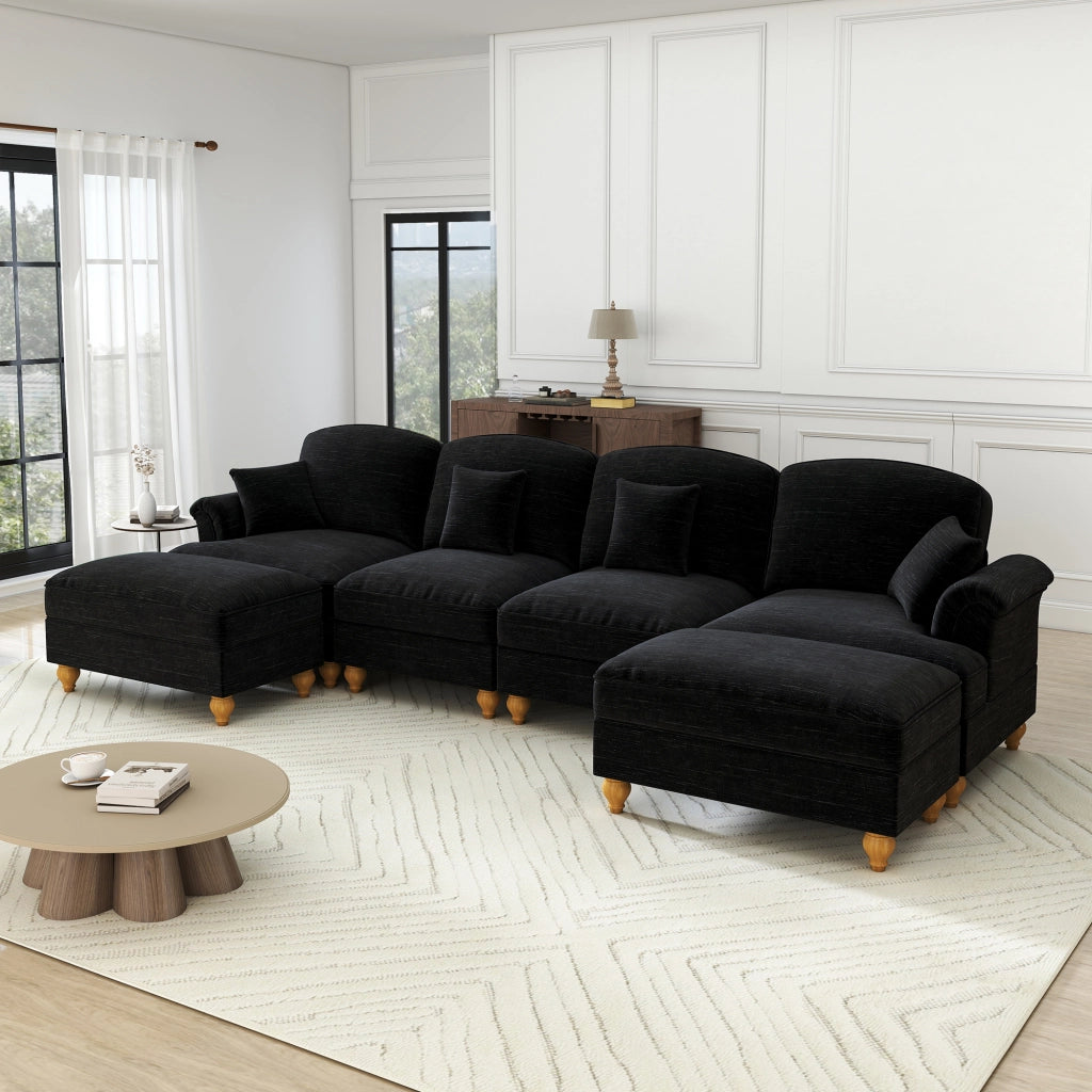 Divano U 4 Posti in Chenille con Poggiapiedi ¨C MINIMAL ¨C Nero, Gambe, Braccioli