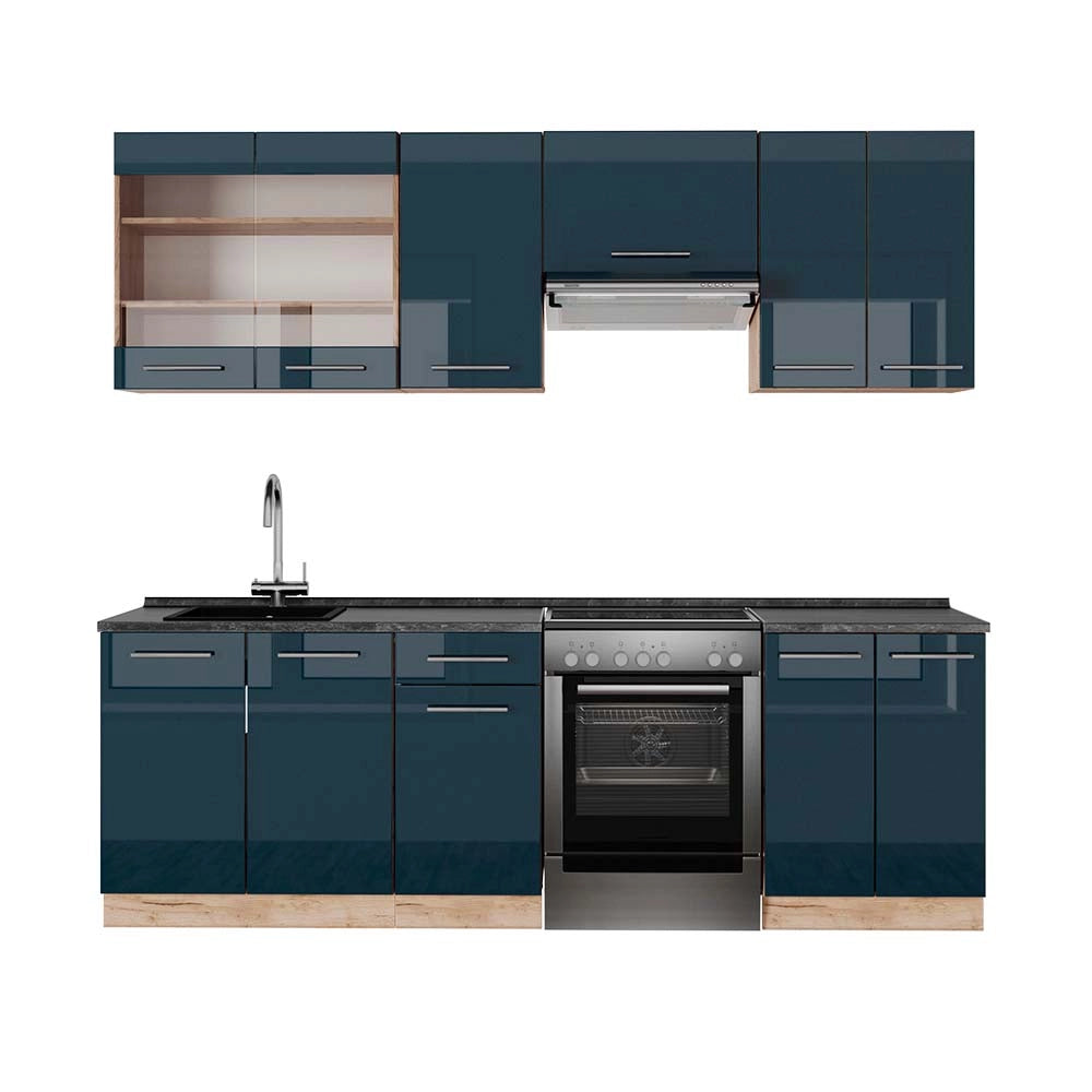 Cucina componibile Fame-Line Blu scuro lucido/Rovere dorato 240 cm, PL Antracite Vicco