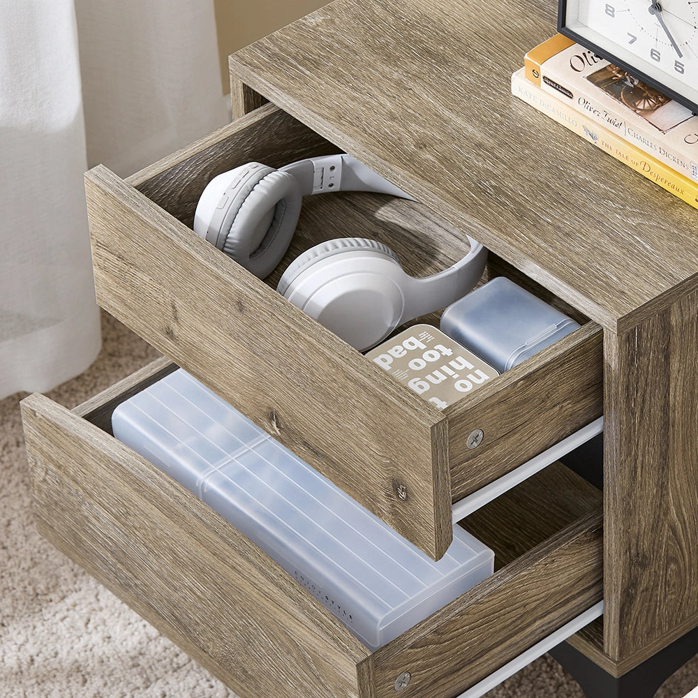 SoBuy Comodino, 2 cassetti con frontale curvo, effetto legno & gambe in metallo, Tavolino da notte moderno per camera da letto, 40×40×47 cm, naturale FBT165-N