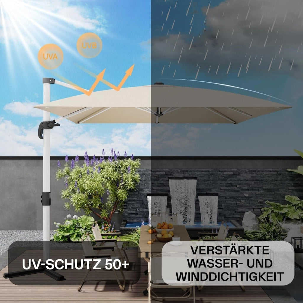 Ombrellone da balcone, in alluminio, con copertura, impermeabile, con manovella, protezione solare UV50+, rotazione di 360°, Baldacchino a strato singolo beige, 3 * 3M