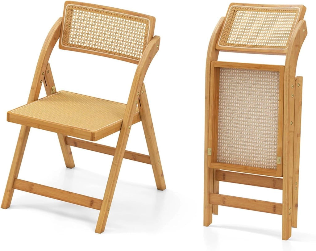 Set di 2 sedie da pranzo pieghevoli in rattan, sedie da cucina con telaio in bambù, schienale girevole a 360° e seduta larga, portata fino a 150 kg, per soggiorno, camera da letto, sala da