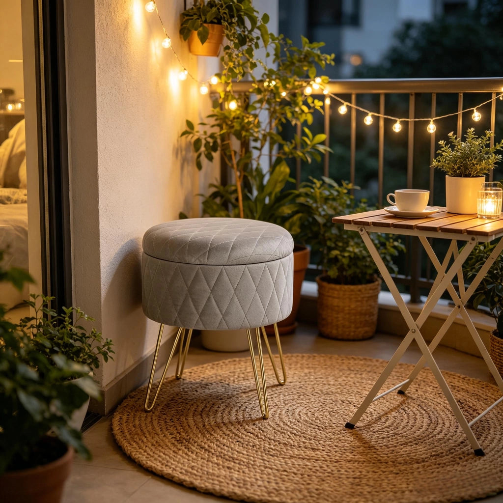 Pouf contenitore rotondo in velluto con seduta imbottita e struttura in metallo grigio chiaro 31,5 × 31,5 × 36 cm